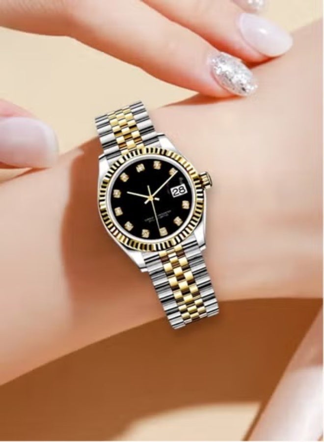 Generic valueable 1 Women's Rolex-style stainless steel wristwatch, high quality, water resistant, silver and gold bracelet with a black dial - Image 1